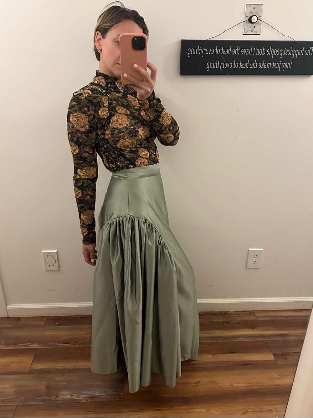 NWT Silk HightRise Olive Textured -Maxi Skirt /Gathered panel Sz Small - Picture 4 of 16
